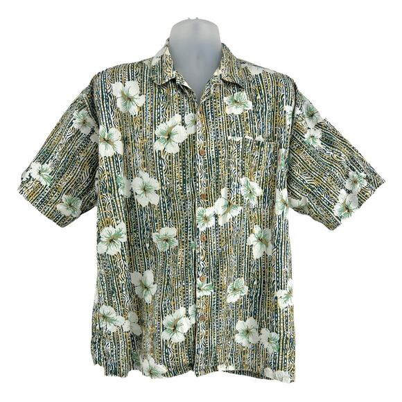 Vintage Other - Baja Blue LARGE VINTAGE 90s Green Short Sleeve Dad Aloha Hawaiian Hibiscus Shirt